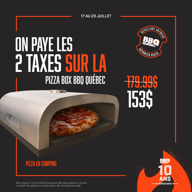 On paye les deux Taxes sur la Pizza Box BBQ Québec 